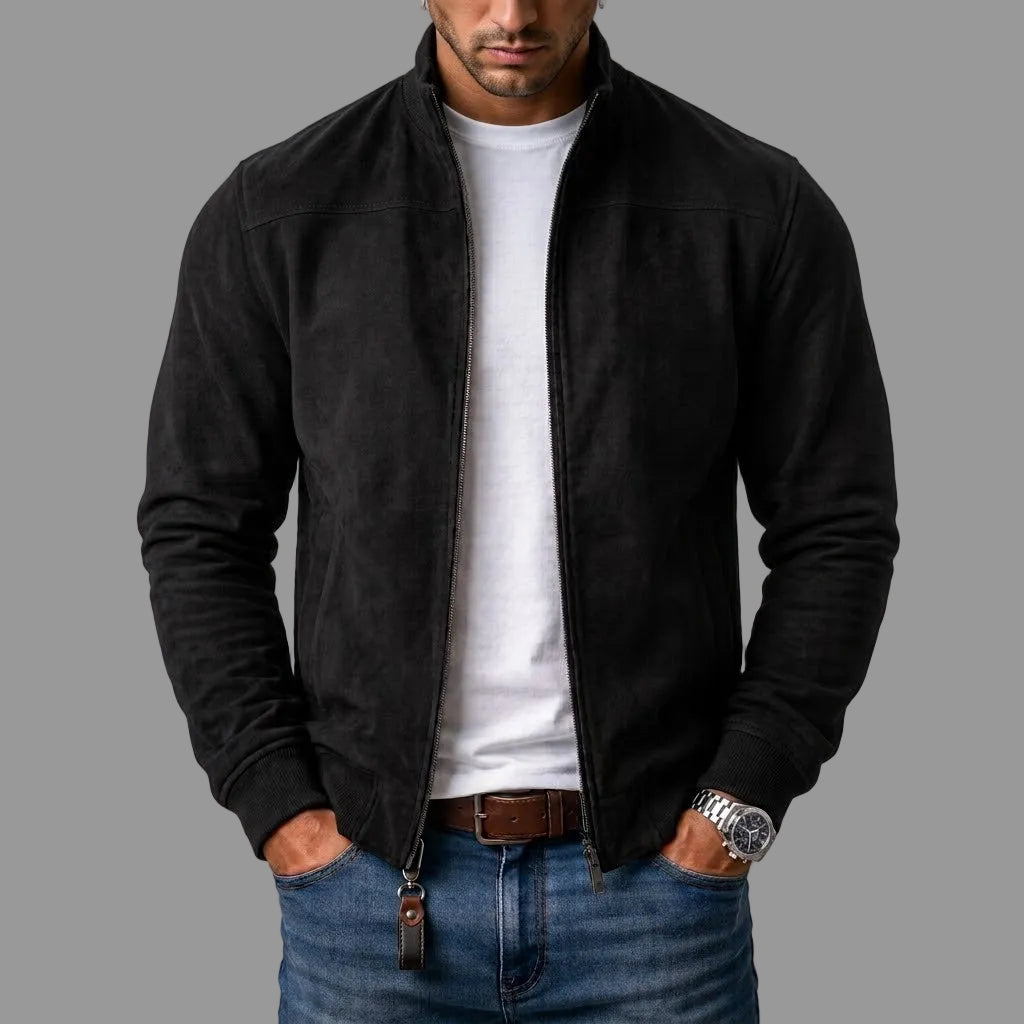 Bomber de ante negro con cuello alto para hombre